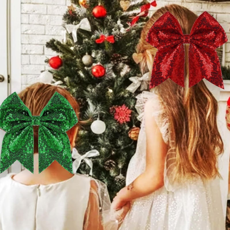 Zolyco Large Big 7 Inch Glitter Bow Clip Sequin Bling Party Hair Accessories for Women Teens Girls Kids 2 Pcs (Red, Christmas Green) - Image 2
